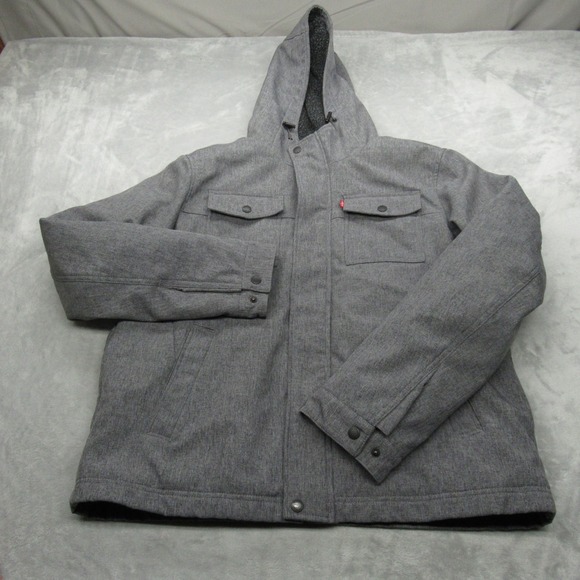 Levis Jacket Men Large Gray Sherpa Lined Water Resistant Hooded Full Zip Trucker - Picture 2 of 15